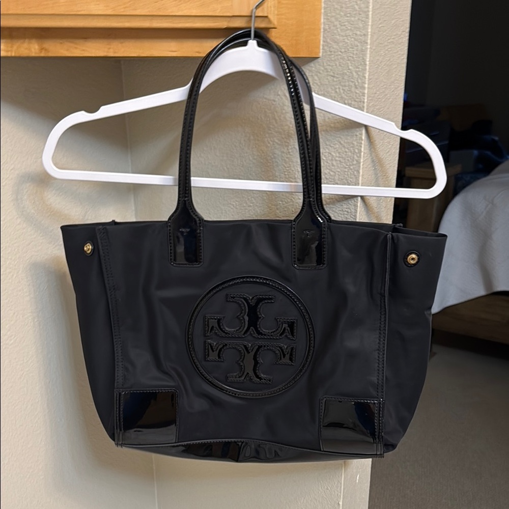 Tory Burch Black Small Ella Tote Bag with Logo Embossed Design